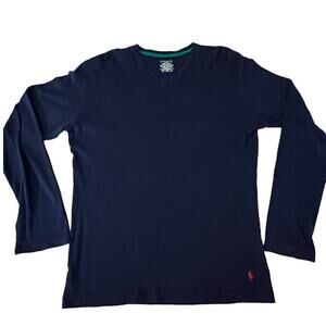 Polo Ralph Lauren Blue V Neck Long Sleeve T Shirt Red Pony Logo 100% Cotton XL